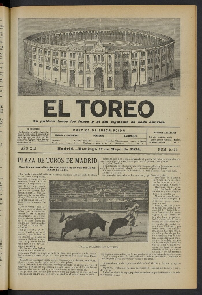 Miniatura de El Toreo: suplemento a "La Correspondencia Teatral" del 17 de mayo de 1914, nº 2426