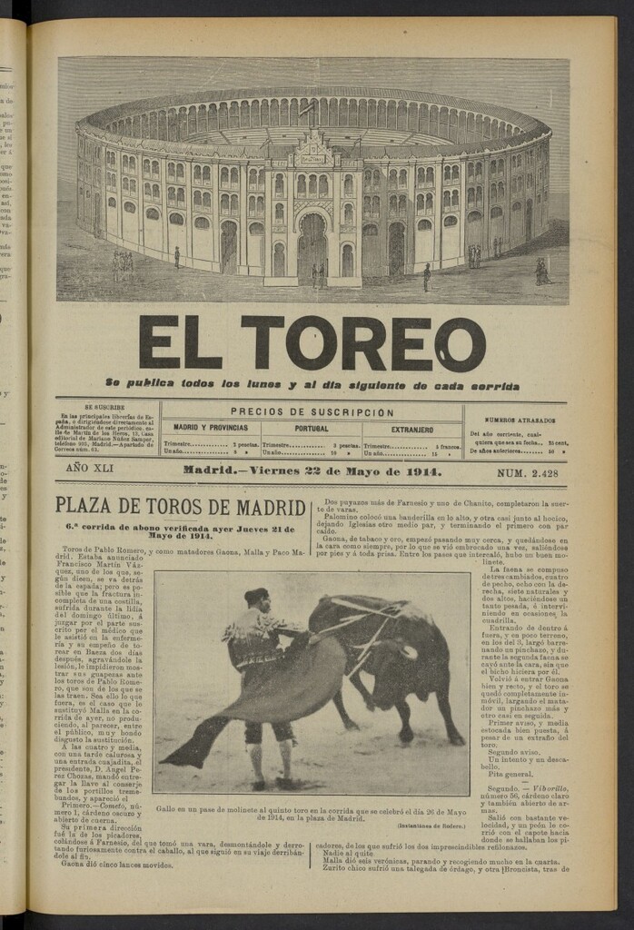Miniatura de El Toreo: suplemento a "La Correspondencia Teatral" del 22 de mayo de 1914, nº 2428