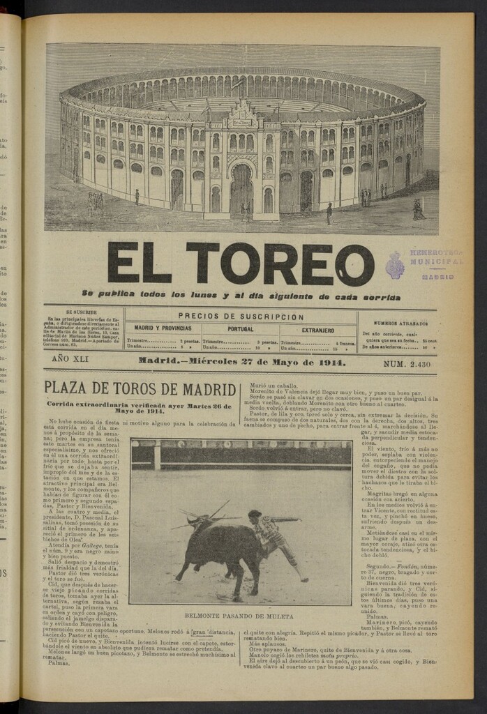 Miniatura de El Toreo: suplemento a "La Correspondencia Teatral" del 27 de mayo de 1914, nº 2430