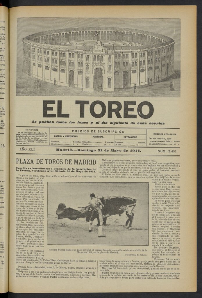 Miniatura de El Toreo: suplemento a "La Correspondencia Teatral" del 31 de mayo de 1914, nº 2431