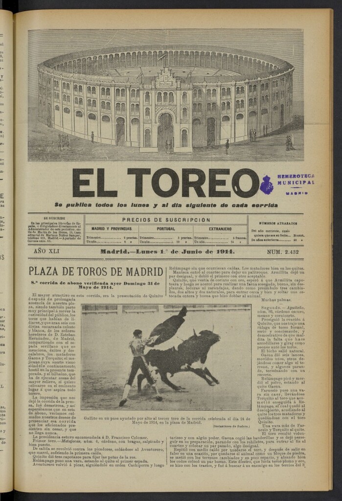 Miniatura de El Toreo: suplemento a "La Correspondencia Teatral" del 1 de junio de 1914, nº 2432