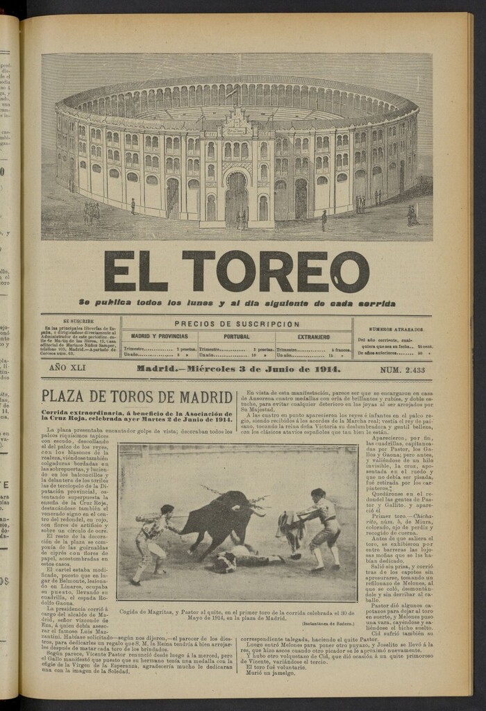Miniatura de El Toreo: suplemento a "La Correspondencia Teatral" del 3 de junio de 1914, nº 2433
