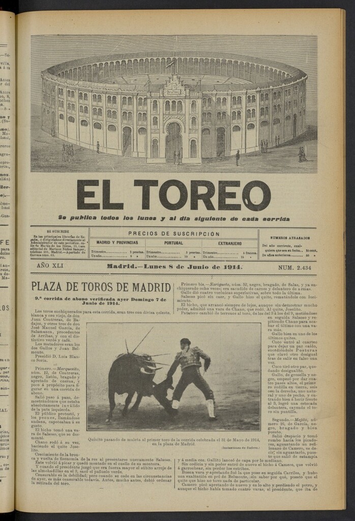 Miniatura de El Toreo: suplemento a "La Correspondencia Teatral" del 8 de junio de 1914, nº 2434