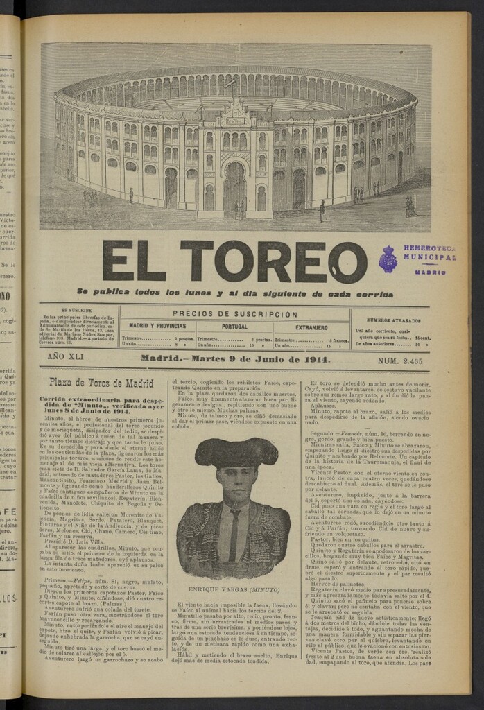 Miniatura de El Toreo: suplemento a "La Correspondencia Teatral" del 9 de junio de 1914, nº 2435