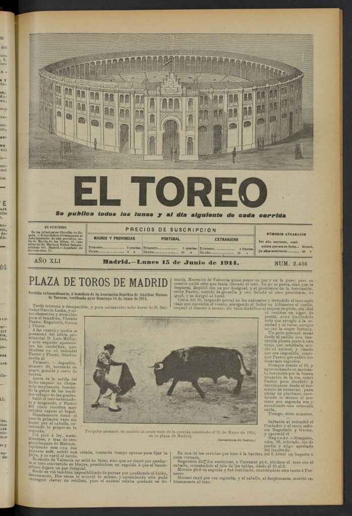 Miniatura de El Toreo: suplemento a "La Correspondencia Teatral" del 15 de junio de 1914, nº 2436
