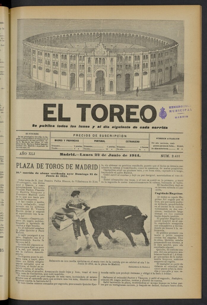 Miniatura de El Toreo: suplemento a "La Correspondencia Teatral" del 22 de junio de 1914, nº 2437