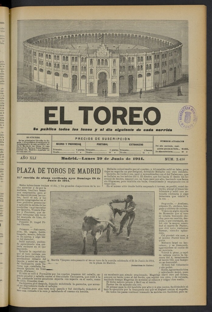 Miniatura de El Toreo: suplemento a "La Correspondencia Teatral" del 29 de junio de 1914, nº 2438