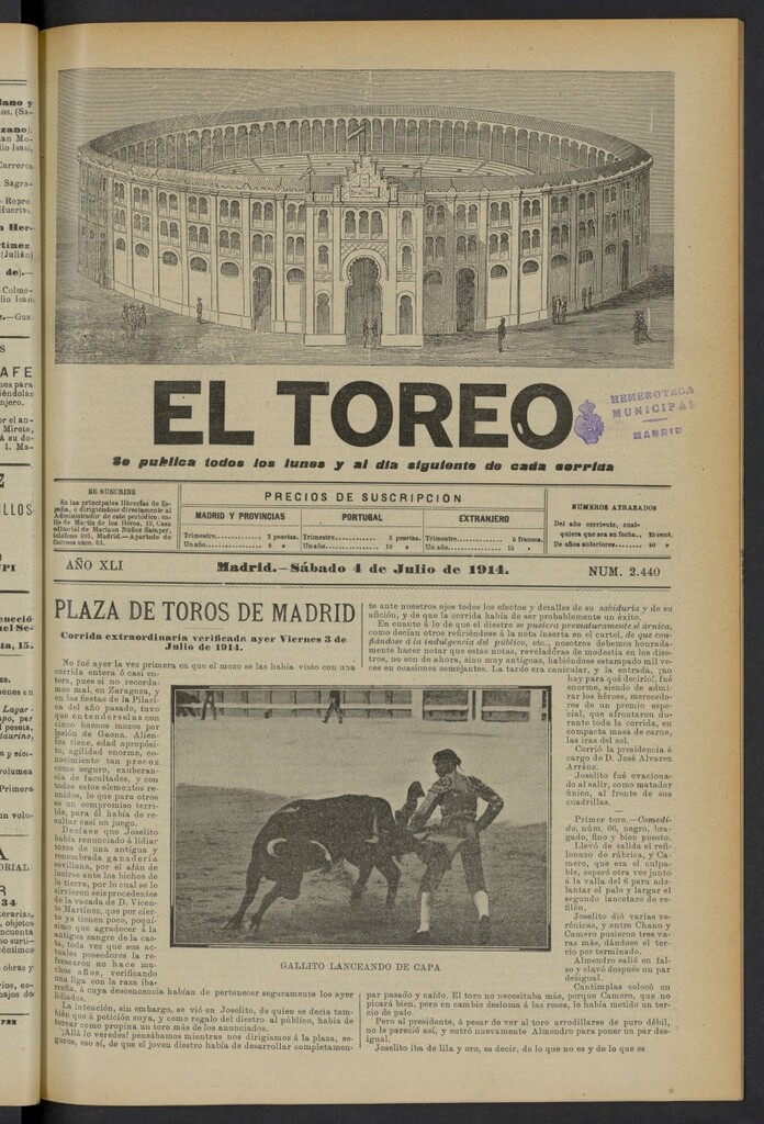 Miniatura de El Toreo: suplemento a "La Correspondencia Teatral" del 4 de julio de 1914, nº 2440