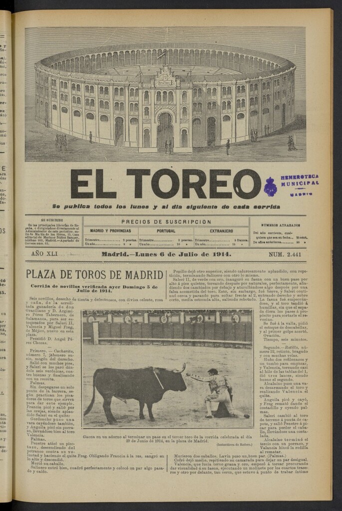 Miniatura de El Toreo: suplemento a "La Correspondencia Teatral" del 6 de julio de 1914, nº 2441