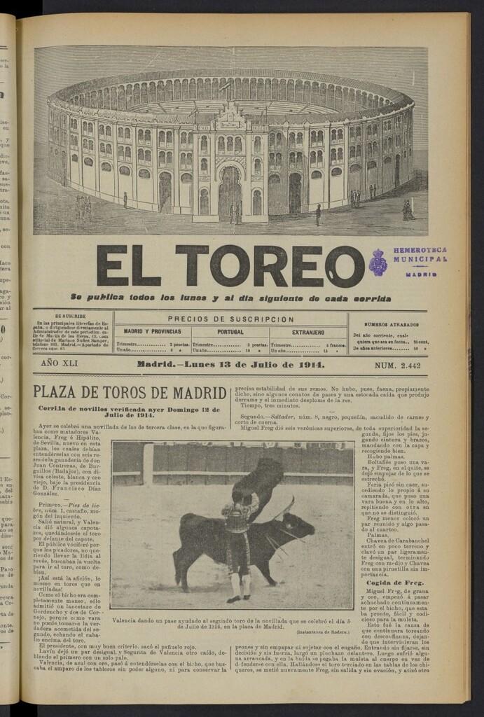 Miniatura de El Toreo: suplemento a "La Correspondencia Teatral" del 13 de julio de 1914, nº 2442