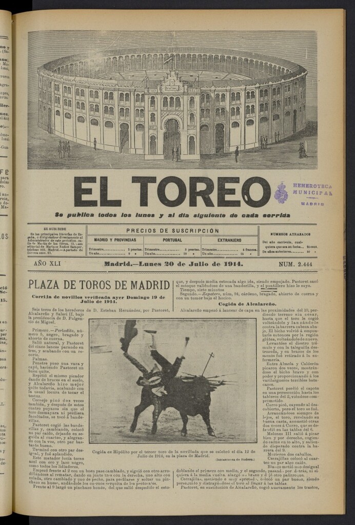 Miniatura de El Toreo: suplemento a "La Correspondencia Teatral" del 20 de julio de 1914, nº 2444