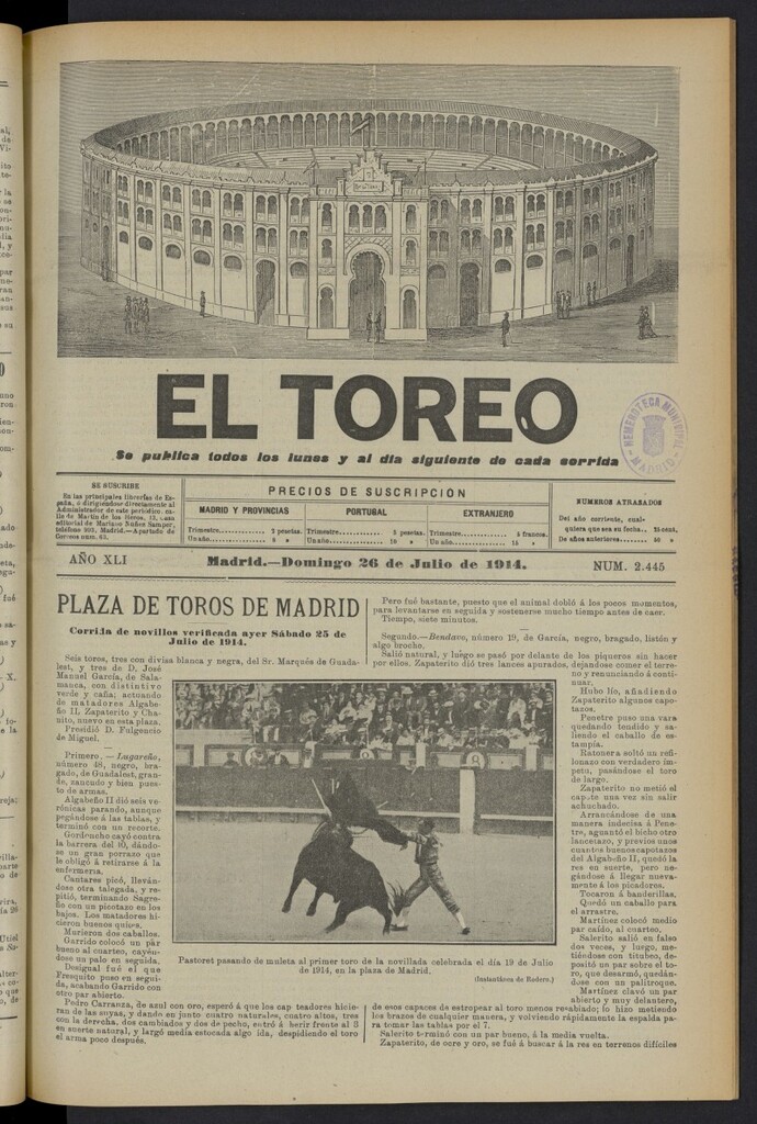 Miniatura de El Toreo: suplemento a "La Correspondencia Teatral" del 26 de julio de 1914, nº 2445