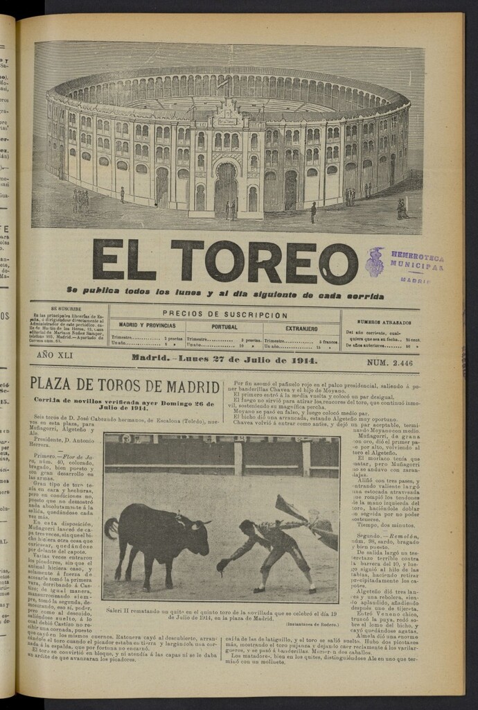 Miniatura de El Toreo: suplemento a "La Correspondencia Teatral" del 27 de julio de 1914, nº 2446