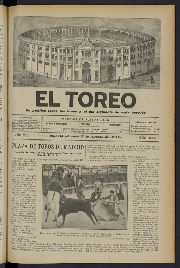 Miniatura de El Toreo: suplemento a "La Correspondencia Teatral" del 3 de agosto de 1914, nº 2447