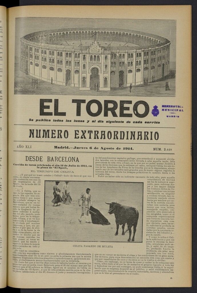 Miniatura de El Toreo: suplemento a "La Correspondencia Teatral" del 6 de agosto de 1914, nº 2448