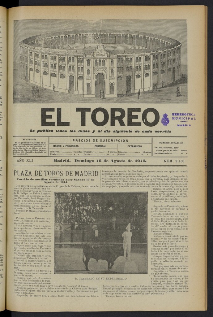 Miniatura de El Toreo: suplemento a "La Correspondencia Teatral" del 16 de agosto de 1914, nº 2450
