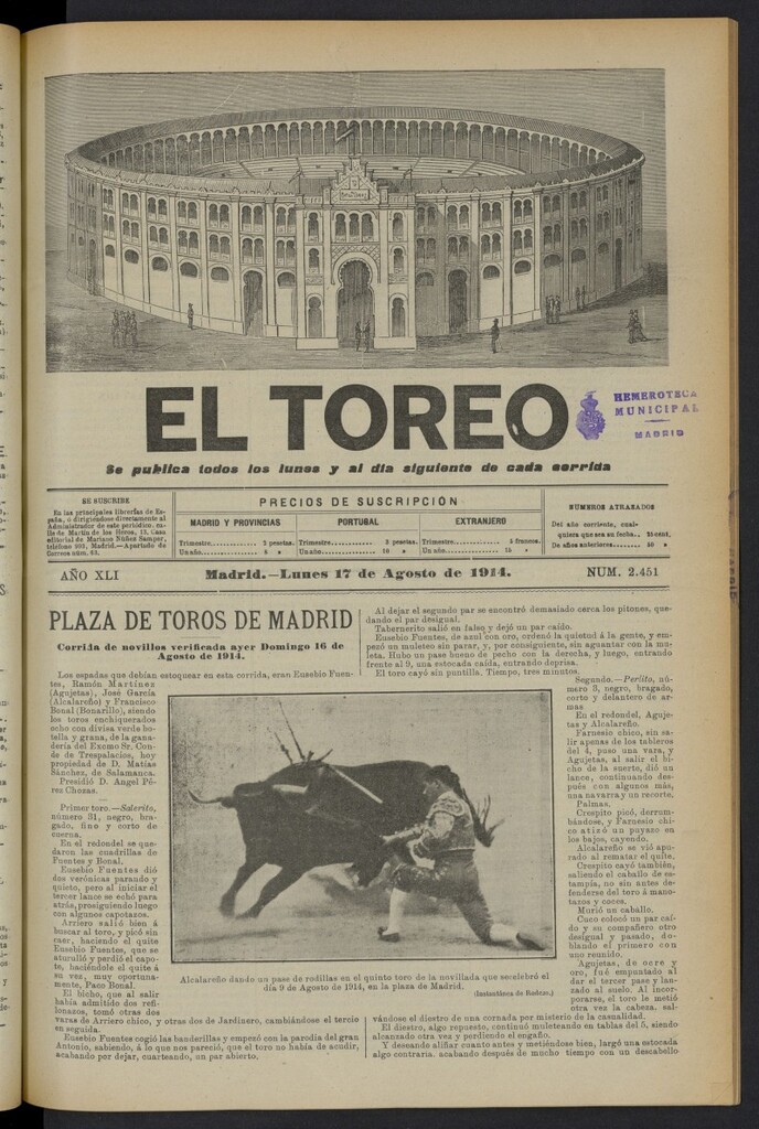 Miniatura de El Toreo: suplemento a "La Correspondencia Teatral" del 17 de agosto de 1914, nº 2451