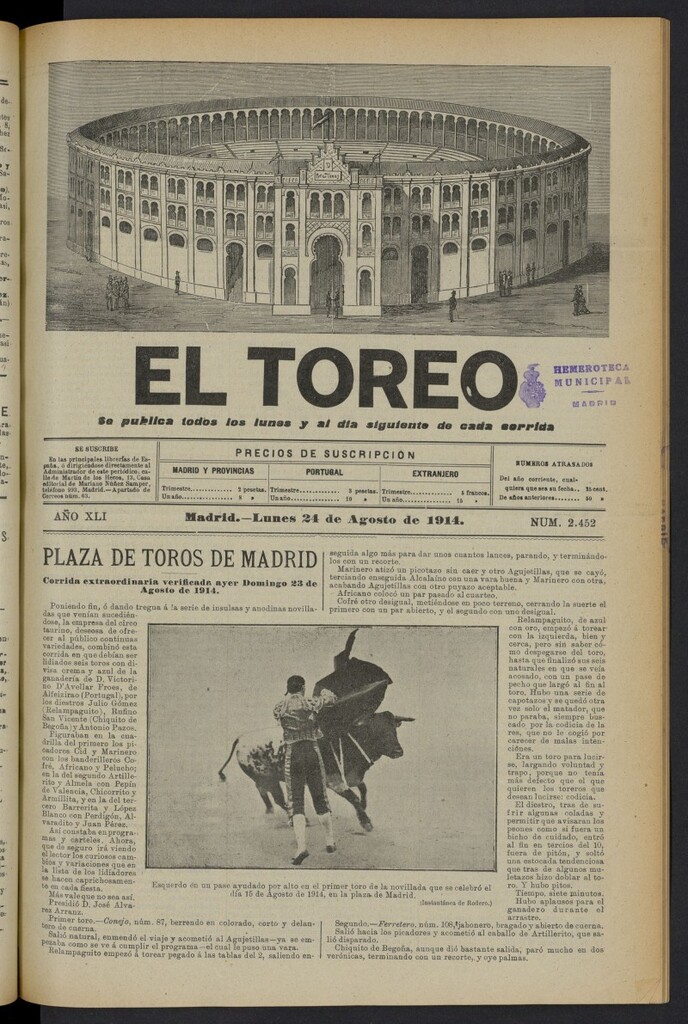 Miniatura de El Toreo: suplemento a "La Correspondencia Teatral" del 24 de agosto de 1914, nº 2452