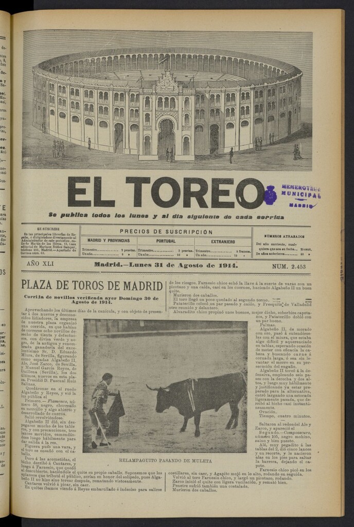 Miniatura de El Toreo: suplemento a "La Correspondencia Teatral" del 31 de agosto de 1914, nº 2453
