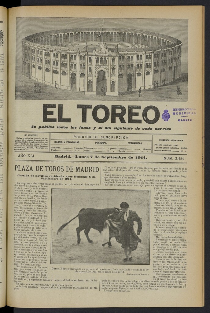 Miniatura de El Toreo: suplemento a "La Correspondencia Teatral" del 7 de septiembre de 1914, nº 2454