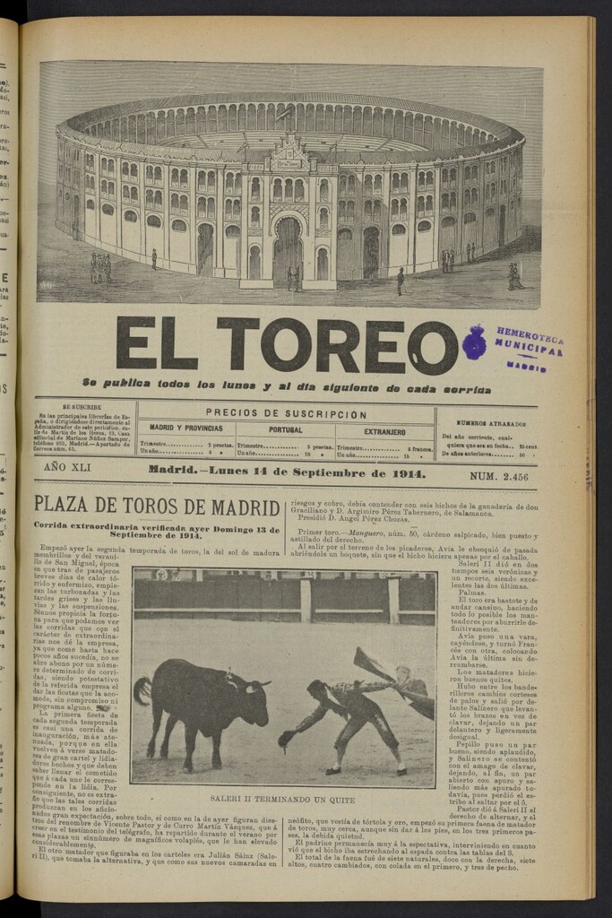Miniatura de El Toreo: suplemento a "La Correspondencia Teatral" del 14 de septiembre de 1914, nº 2456