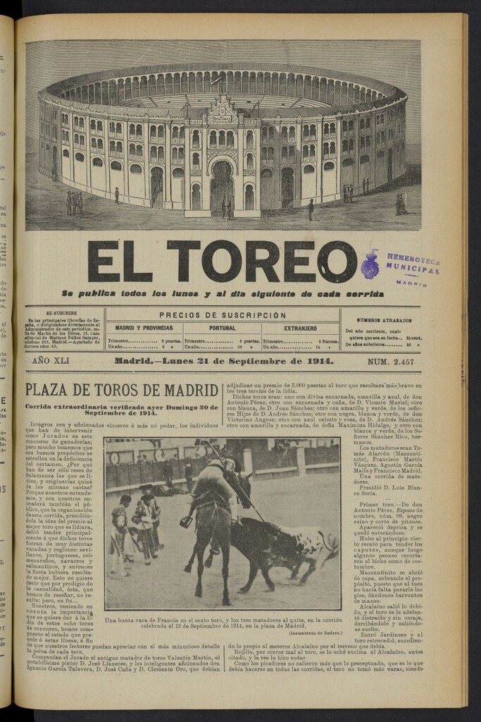 Miniatura de El Toreo: suplemento a "La Correspondencia Teatral" del 21 de septiembre de 1914, nº 2457