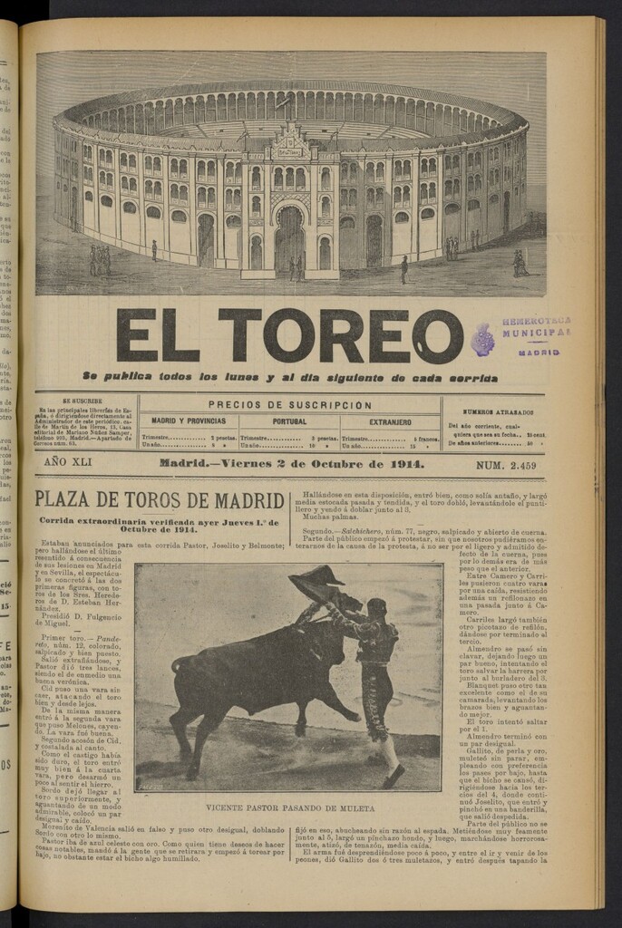 Miniatura de El Toreo: suplemento a "La Correspondencia Teatral" del 2 de octubre de 1914, nº 2459