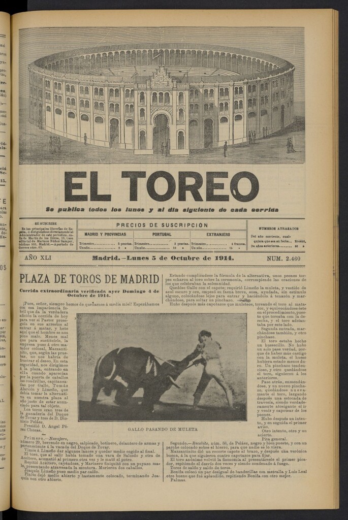 Miniatura de El Toreo: suplemento a "La Correspondencia Teatral" del 5 de octubre de 1914, nº 2460