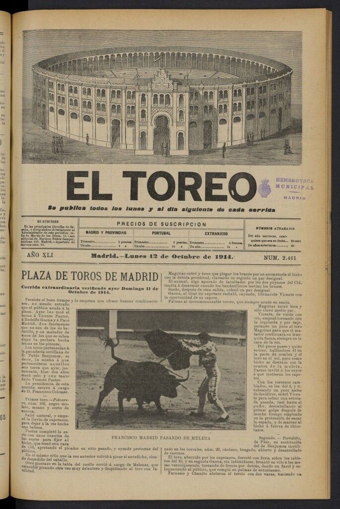 Miniatura de El Toreo: suplemento a "La Correspondencia Teatral" del 12 de octubre de 1914, nº 2461