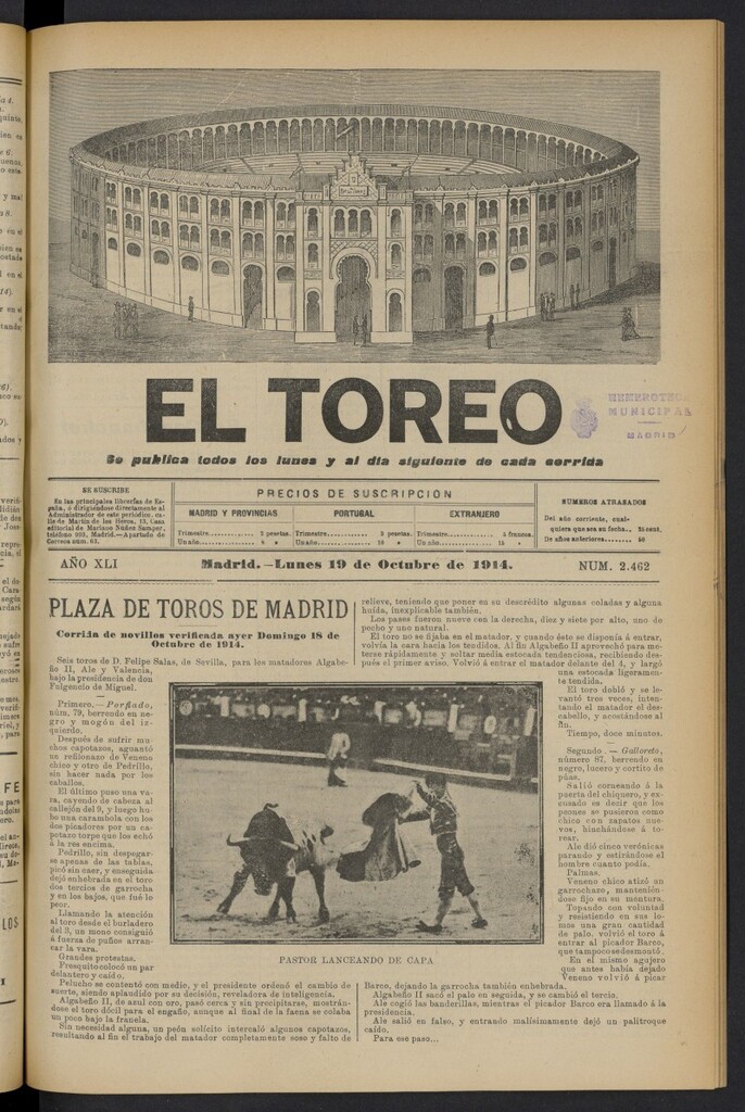 Miniatura de El Toreo: suplemento a "La Correspondencia Teatral" del 19 de octubre de 1914, nº 2462