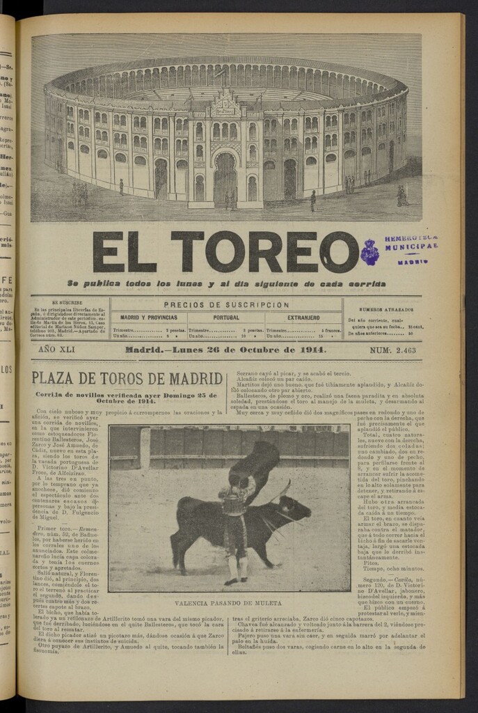 Miniatura de El Toreo: suplemento a "La Correspondencia Teatral" del 26 de octubre de 1914, nº 2463