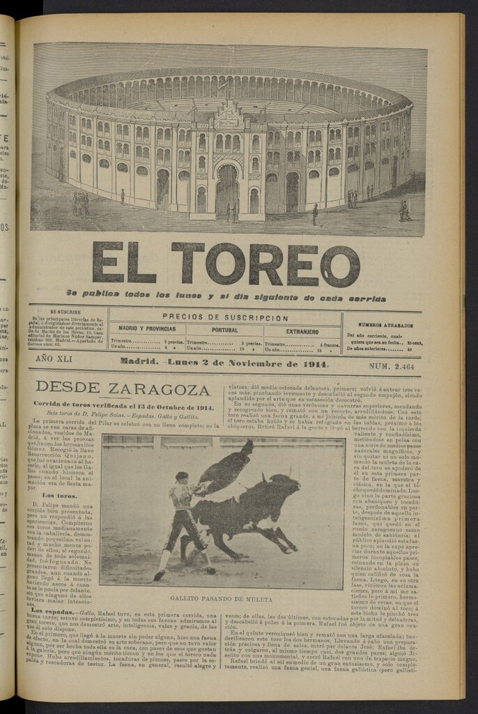 Miniatura de El Toreo: suplemento a "La Correspondencia Teatral" del 2 de noviembre de 1914, nº 2464