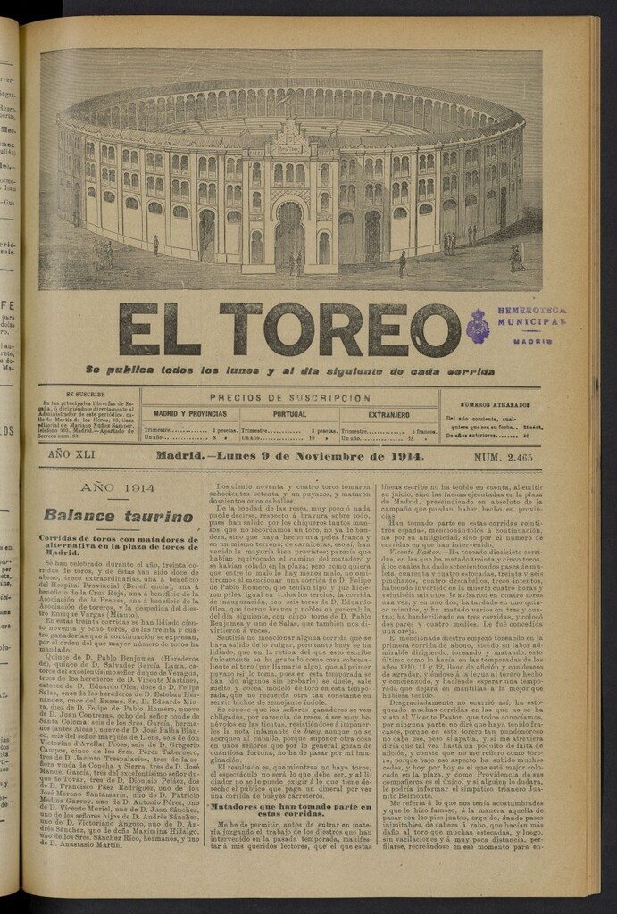 Miniatura de El Toreo: suplemento a "La Correspondencia Teatral" del 9 de noviembre de 1914, nº 2465