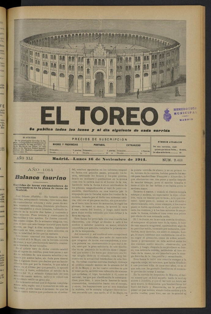 Miniatura de El Toreo: suplemento a "La Correspondencia Teatral" del 16 de noviembre de 1914, nº 2466
