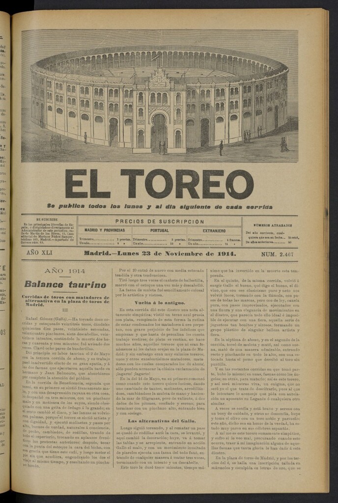 Miniatura de El Toreo: suplemento a "La Correspondencia Teatral" del 23 de noviembre de 1914, nº 2467