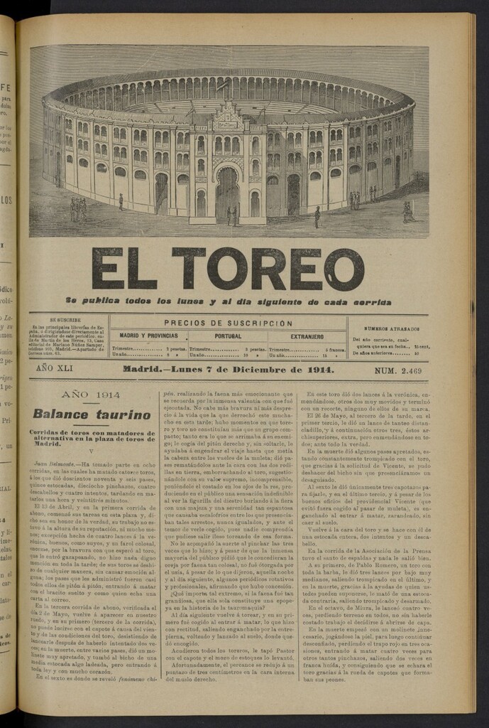Miniatura de El Toreo: suplemento a "La Correspondencia Teatral" del 7 de diciembre de 1914, nº 2469