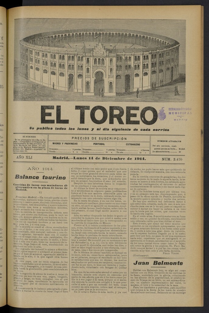 Miniatura de El Toreo: suplemento a "La Correspondencia Teatral" del 14 de diciembre de 1914, nº 2470