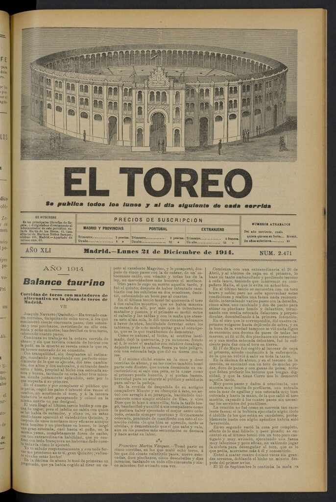 Miniatura de El Toreo: suplemento a "La Correspondencia Teatral" del 21 de diciembre de 1914, nº 2471