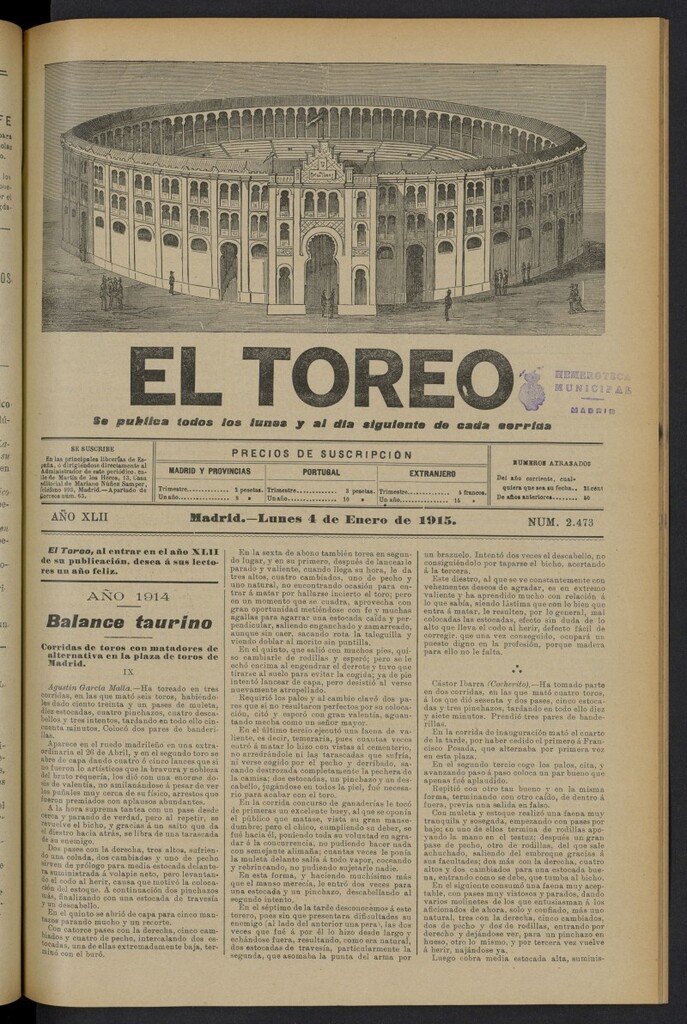 Miniatura de El Toreo: suplemento a "La Correspondencia Teatral" del 4 de enero de 1915, nº 2473
