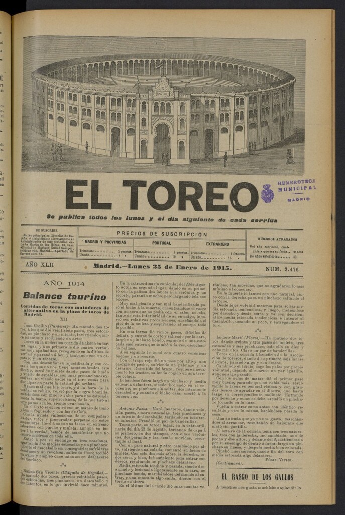 Miniatura de El Toreo: suplemento a "La Correspondencia Teatral" del 25 de enero de 1915, nº 2476