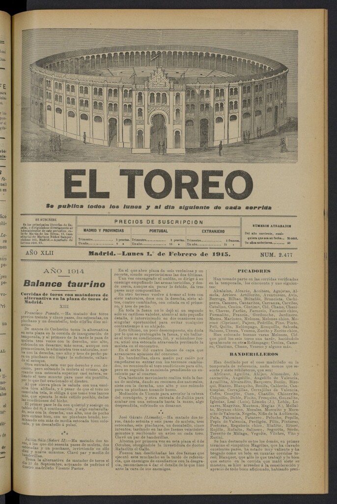 Miniatura de El Toreo: suplemento a "La Correspondencia Teatral" del 1 de febrero de 1915, nº 2477