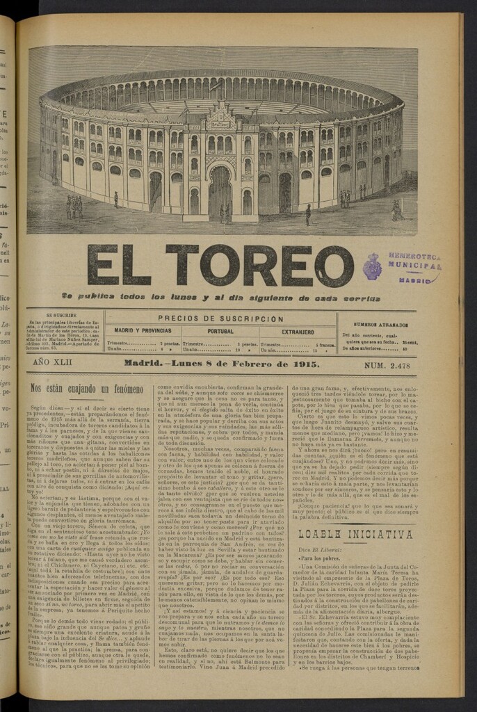 Miniatura de El Toreo: suplemento a "La Correspondencia Teatral" del 8 de febrero de 1915, nº 2478