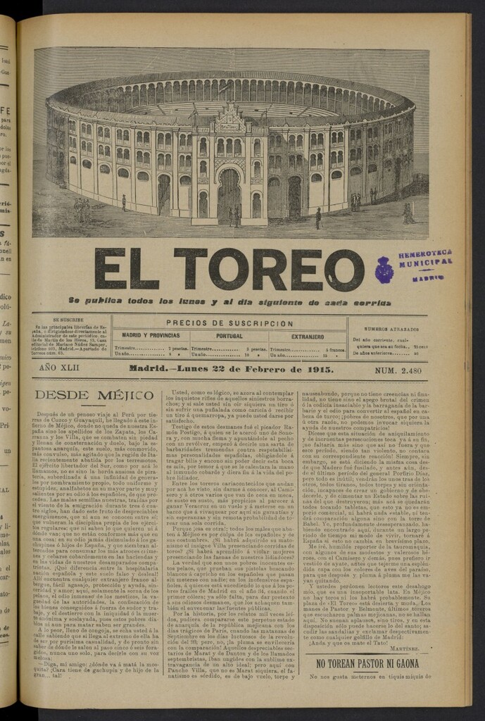Miniatura de El Toreo: suplemento a "La Correspondencia Teatral" del 22 de febrero de 1915, nº 2480