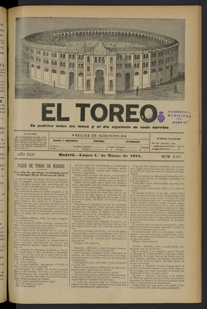 Miniatura de El Toreo: suplemento a "La Correspondencia Teatral" del 1 de marzo de 1915, nº 2481