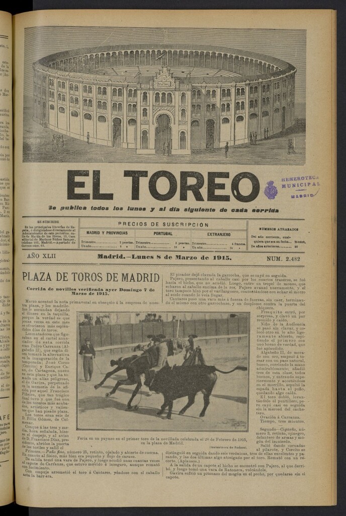 Miniatura de El Toreo: suplemento a "La Correspondencia Teatral" del 8 de marzo de 1915, nº 2482