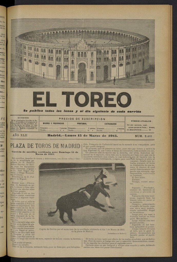 Miniatura de El Toreo: suplemento a "La Correspondencia Teatral" del 15 de marzo de 1915, nº 2483