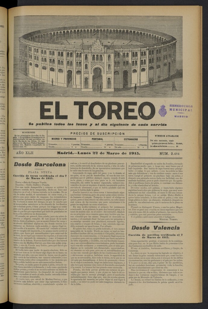 Miniatura de El Toreo: suplemento a "La Correspondencia Teatral" del 22 de marzo de 1915, nº 2484
