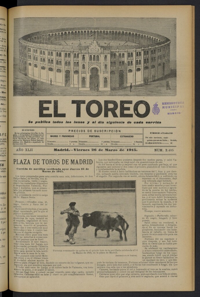 Miniatura de El Toreo: suplemento a "La Correspondencia Teatral" del 26 de marzo de 1915, nº 2485