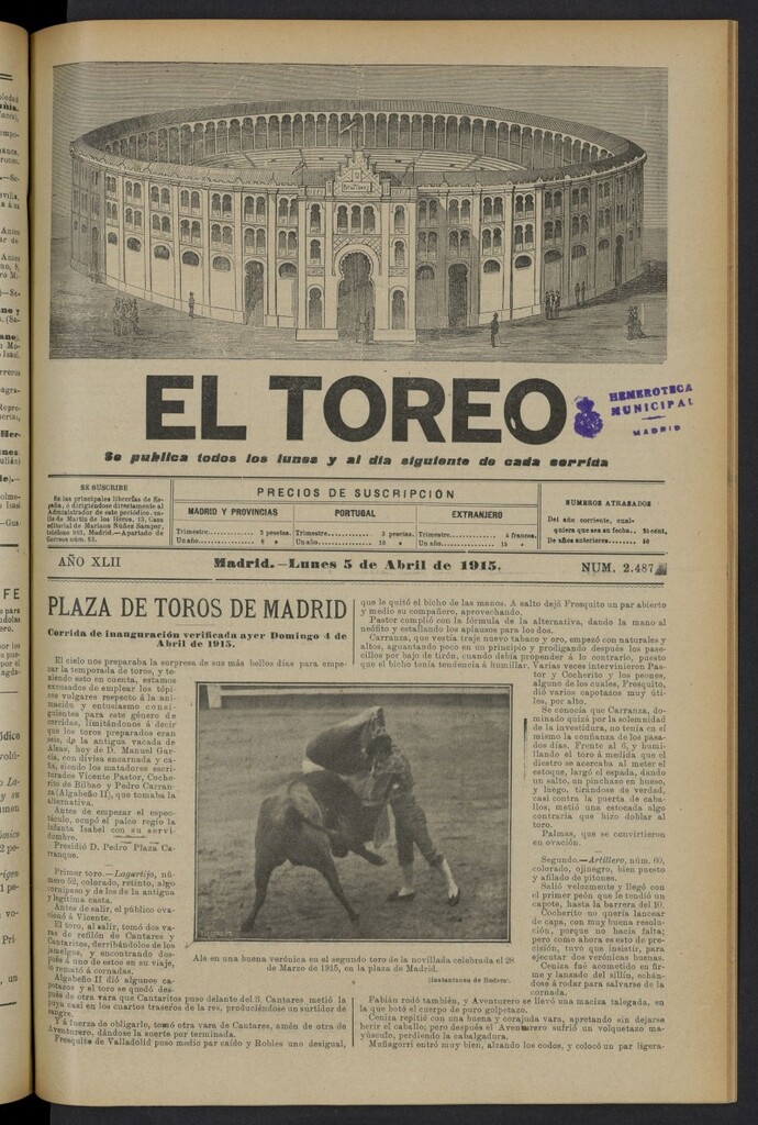 Miniatura de El Toreo: suplemento a "La Correspondencia Teatral" del 5 de abril de 1915, nº 2487