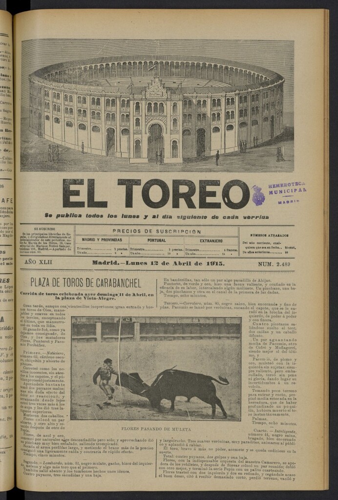 Miniatura de El Toreo: suplemento a "La Correspondencia Teatral" del 12 de abril de 1915, nº 2489